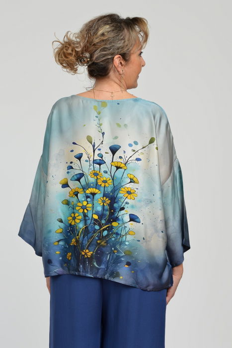 Bluza amestec matase cu vascoza, imprimeu pictural cu flori galbene delicate [5]