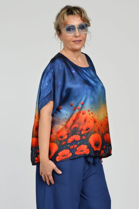 Bluza maneca scurta din matase si vascoza, imprimeu pictural cu maci [5]
