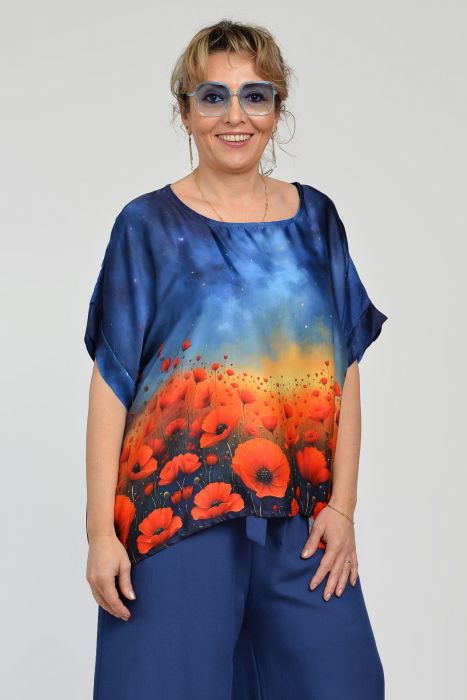 Bluza maneca scurta din matase si vascoza, imprimeu pictural cu maci