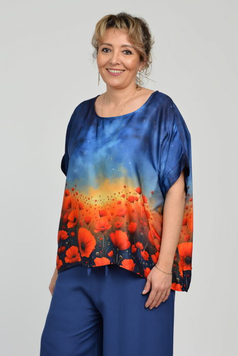 Bluza maneca scurta din matase si vascoza, imprimeu pictural cu maci [3]