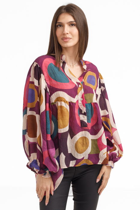 Bluza lejera multicolora cu imprimeu geometric din tencel