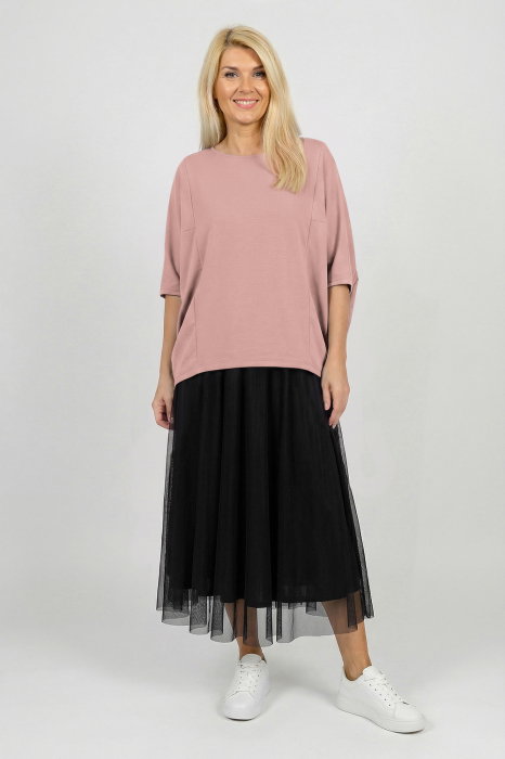 Bluza ampla oversize cu design asimetric din bumbac, roz prafuit