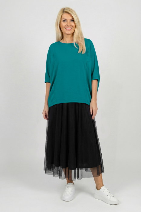 Bluza ampla oversize cu design asimetric din bumbac, turcoaz