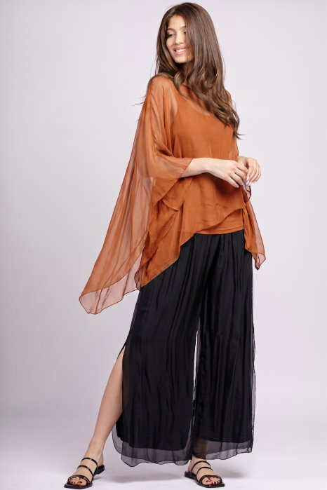 Bluza asimetrica din matase naturala si vascoza tip poncho, caramizie