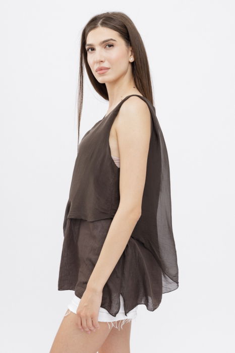 Bluza asimetrica in colturi din matase si vascoza si bumbac fara maneci, maro [2]