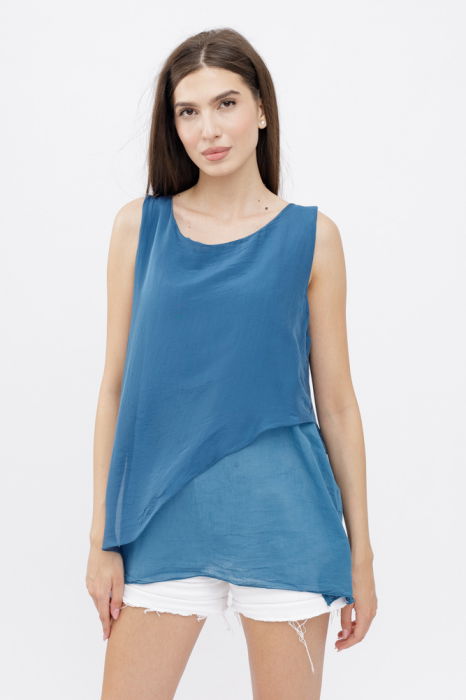 Bluza asimetrica in colturi din matase si vascoza si bumbac fara maneci, turcoaz inchis