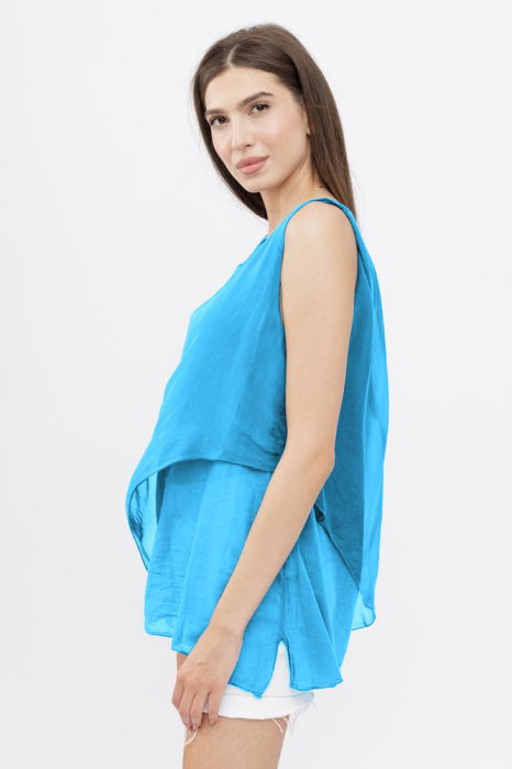 Bluza asimetrica in colturi din matase si vascoza si bumbac fara maneci, albastru azur [2]