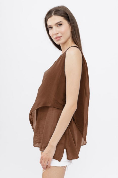 Bluza asimetrica in colturi din matase si vascoza si bumbac fara maneci, maron [2]
