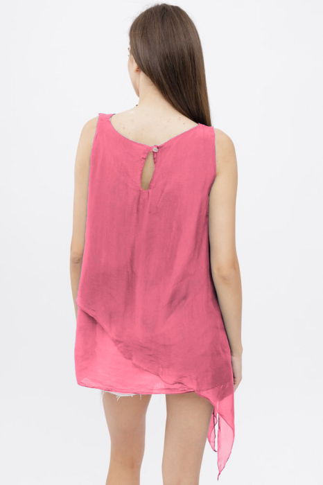 Bluza asimetrica in colturi din matase si vascoza si bumbac fara maneci, roz [3]