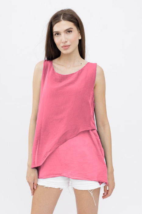 Bluza asimetrica in colturi din matase si vascoza si bumbac fara maneci, roz