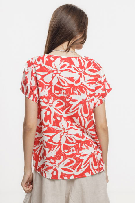 Bluza rosie lejera din vascoza cu in, imprimata, cu maneca cazuta scurta [3]