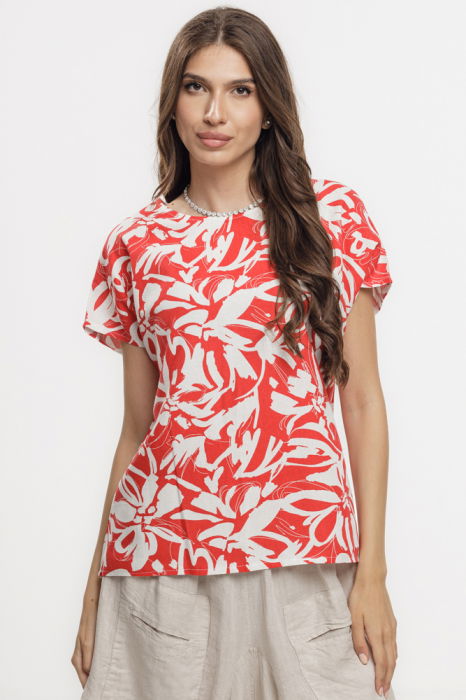 Bluza rosie lejera din vascoza cu in, imprimata, cu maneca cazuta scurta [1]