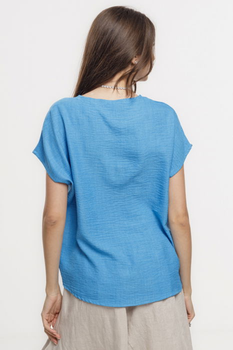 Bluza albastra lejera din vascoza cu in, usor creponata, cu maneca cazuta scurta [3]