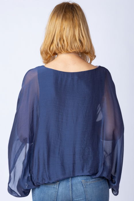 Bluza bleumarin din matase si vascoza cu maneca fluture [3]