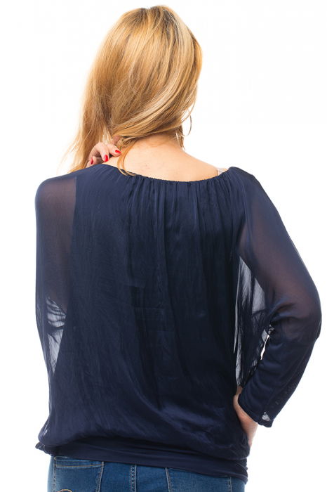 Bluza bleumarin uni din matase si vascoza cu maneca lunga fluture si elastic la poale [3]