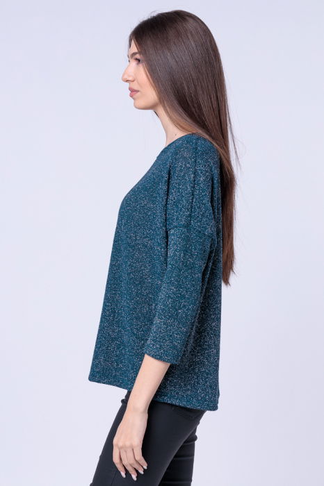 Bluza tricotata turcoaz cu fir lurex si maneca 3/4 [2]