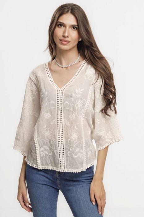 Bluza brodata cu maneca fluture din dantela de bumbac, bej [2]