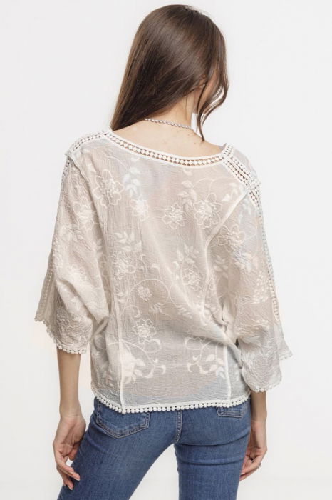 Bluza brodata cu maneca fluture din dantela de bumbac, bej [3]