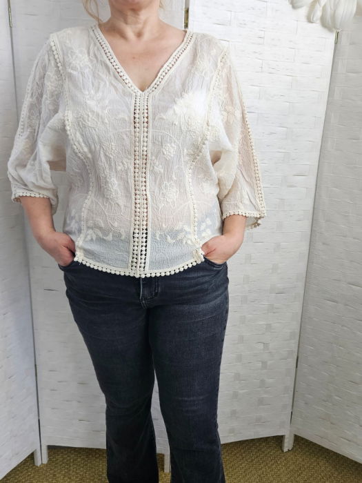 Bluza brodata cu maneca fluture din dantela de bumbac, bej [6]