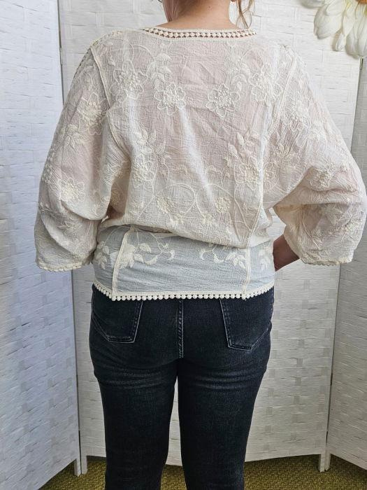 Bluza brodata cu maneca fluture din dantela de bumbac, bej [9]