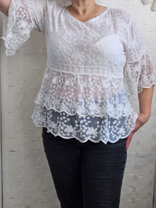 Bluza brodata cu volane din dantela de bumbac, alba [5]