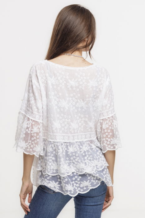 Bluza brodata cu volane din dantela de bumbac, alba [3]