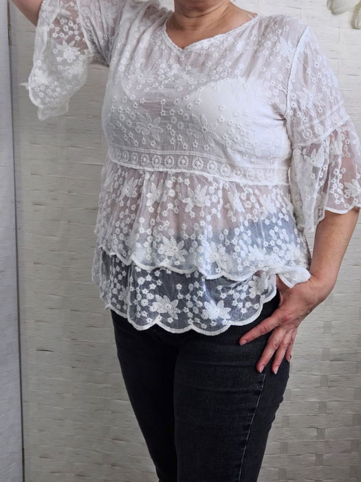 Bluza brodata cu volane din dantela de bumbac, alba [4]