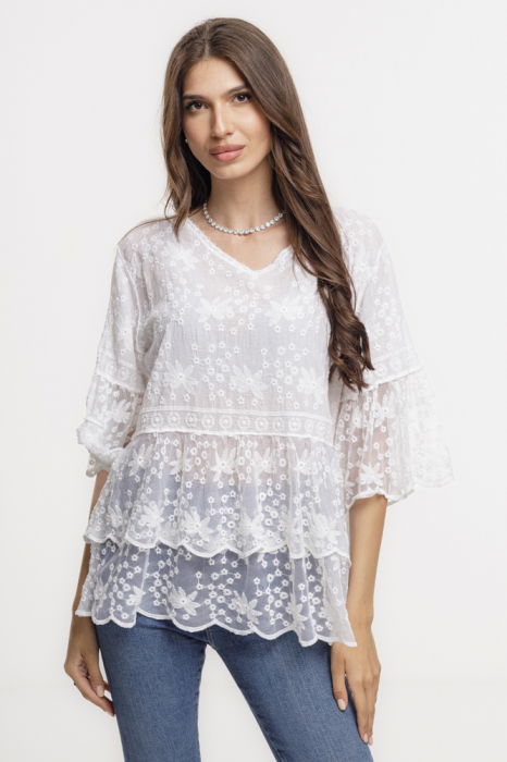 Bluza brodata cu volane din dantela de bumbac, alba
