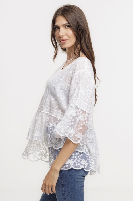 Bluza brodata cu volane din dantela de bumbac, alba [2]