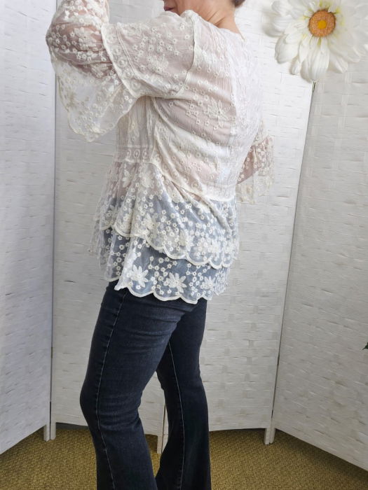 Bluza brodata cu volane din dantela de bumbac, bej [7]