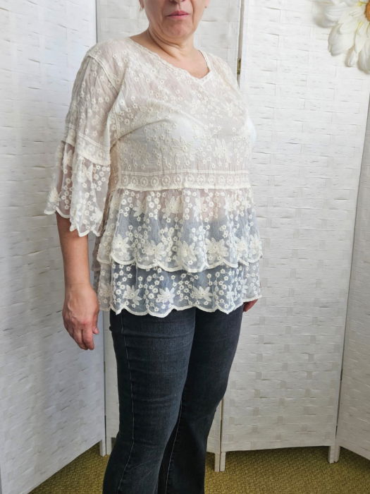 Bluza brodata cu volane din dantela de bumbac, bej [4]