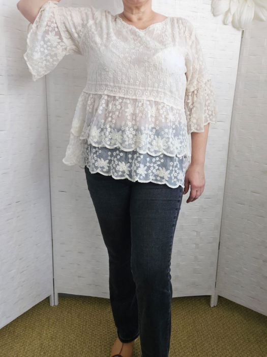 Bluza brodata cu volane din dantela de bumbac, bej [9]