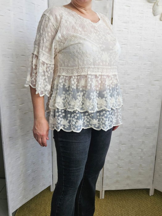 Bluza brodata cu volane din dantela de bumbac, bej [5]