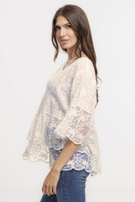 Bluza brodata cu volane din dantela de bumbac, bej [2]