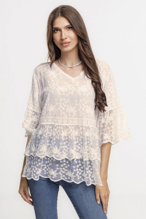Bluza brodata cu volane din dantela de bumbac, bej