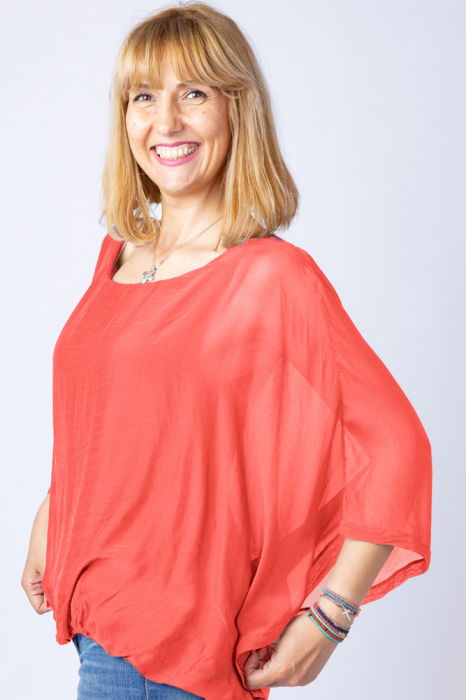 Bluza corai din matase si vascoza cu maneca fluture [2]