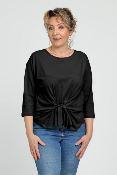 Bluza casual din bumbac ajustabila in fata cu maneca 3/4, neagra [1]