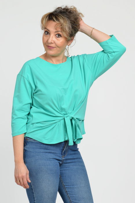 Bluza casual din bumbac ajustabila in fata cu maneca 3/4, verde aqua [7]