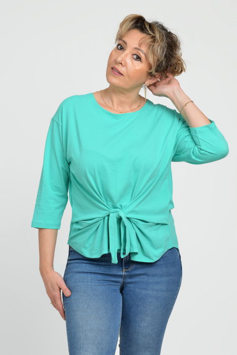 Bluza casual din bumbac ajustabila in fata cu maneca 3/4, verde aqua [4]