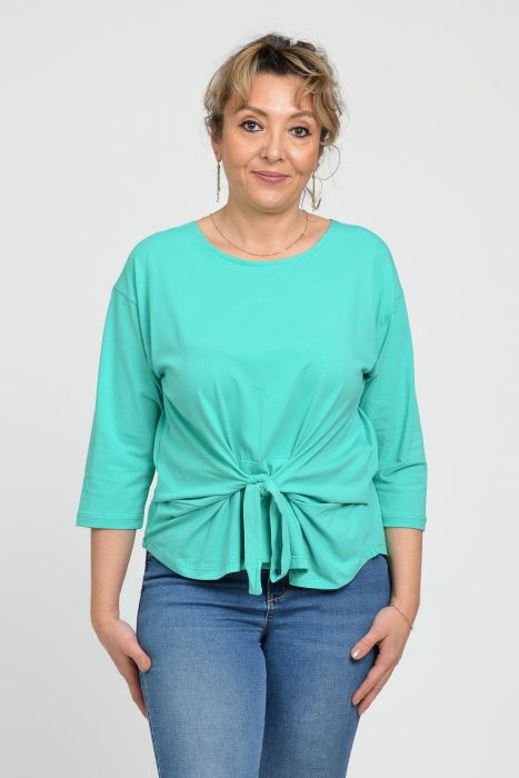 Bluza casual din bumbac ajustabila in fata cu maneca 3/4, verde aqua [5]