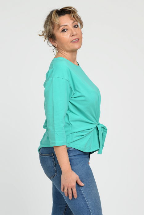 Bluza casual din bumbac ajustabila in fata cu maneca 3/4, verde aqua [8]
