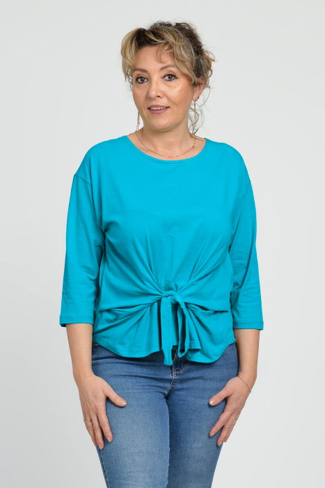 Bluza casual din bumbac ajustabila in fata cu maneca 3/4, turcoaz [1]