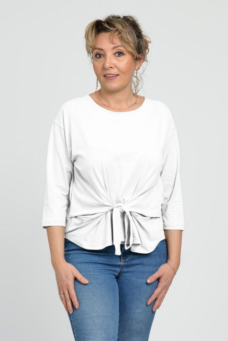 Bluza casual din bumbac ajustabila in fata cu maneca 3/4, alba [1]