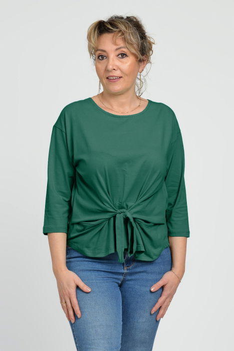 Bluza casual din bumbac ajustabila in fata cu maneca 3/4, verde inchis [1]