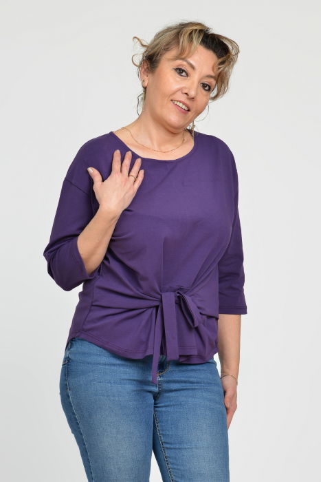 Bluza casual din bumbac ajustabila in fata cu maneca 3/4, mov inchis [7]