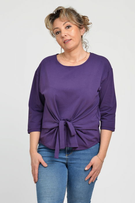 Bluza casual din bumbac ajustabila in fata cu maneca 3/4, mov inchis [4]