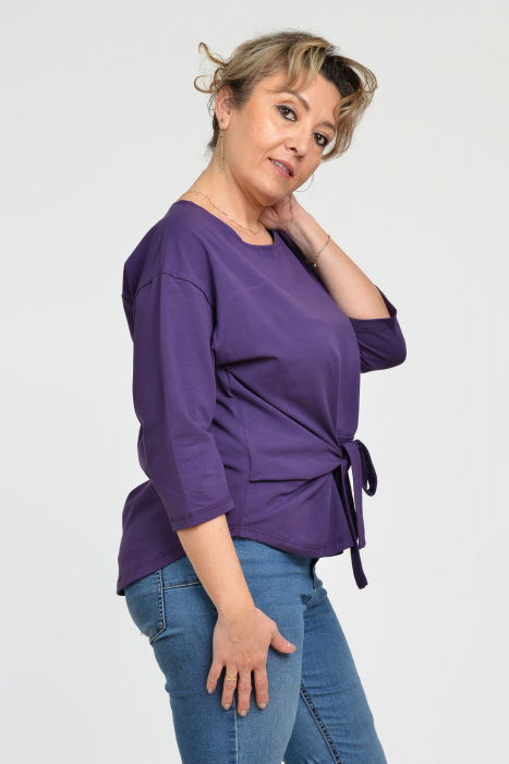 Bluza casual din bumbac ajustabila in fata cu maneca 3/4, mov inchis [3]