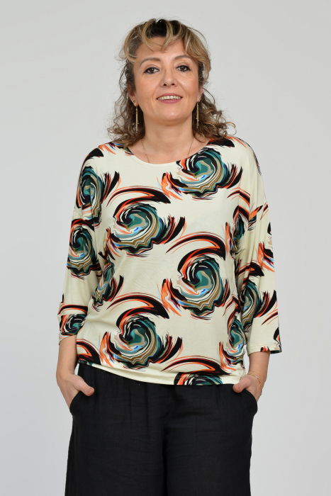 Bluza casual, imprimeu circular pe fond bej si maneca 3/4 [1]