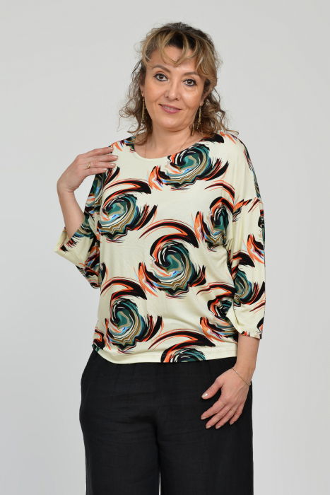 Bluza casual, imprimeu circular pe fond bej si maneca 3/4 [5]