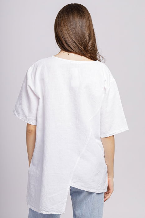 Bluza alba din in, asimetrica, cu siret lateral [3]